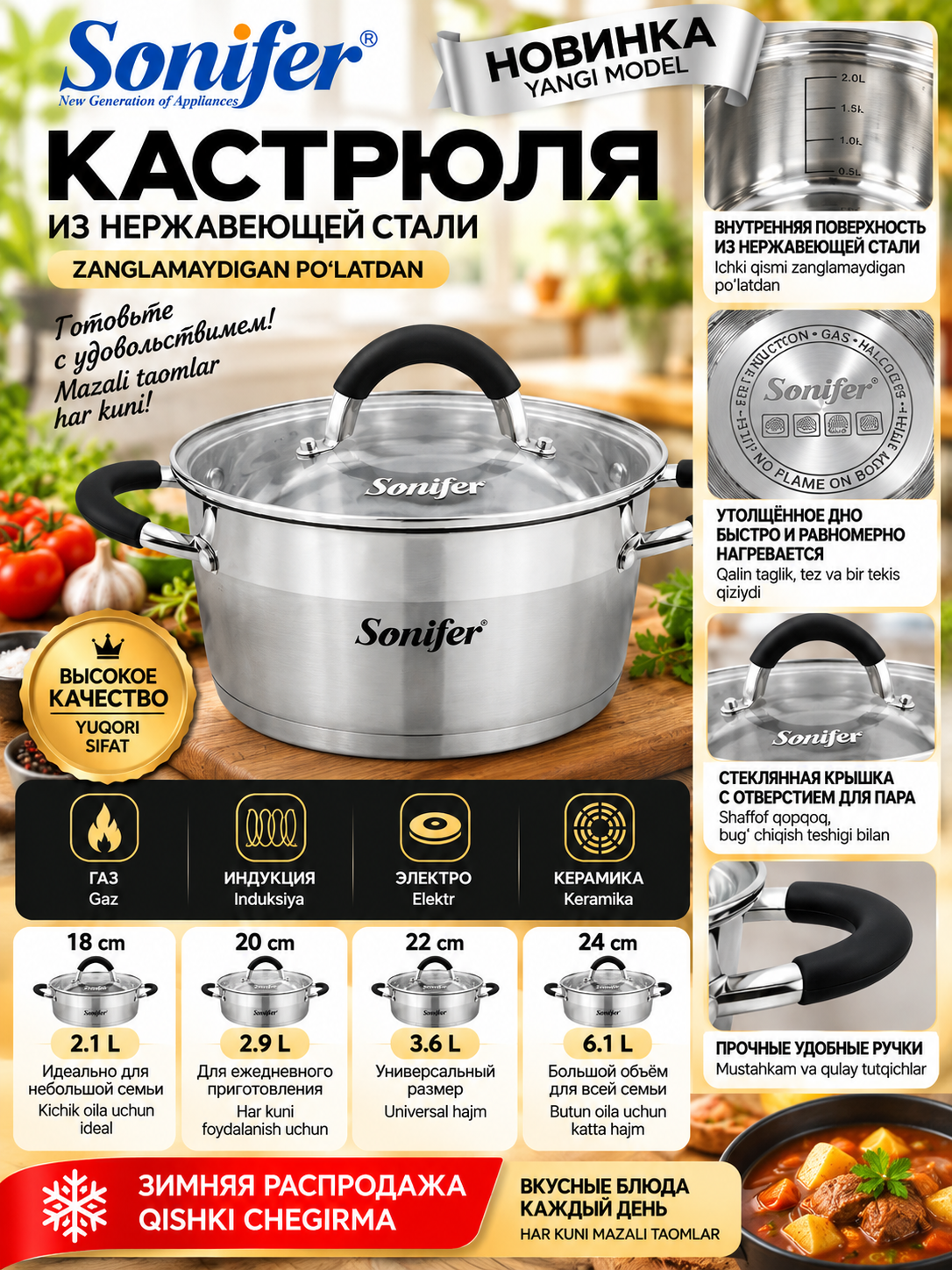 Кастрюля Sonifer с гранитным покрытием, крышкой, для индукции и газа, 18–24 см - 