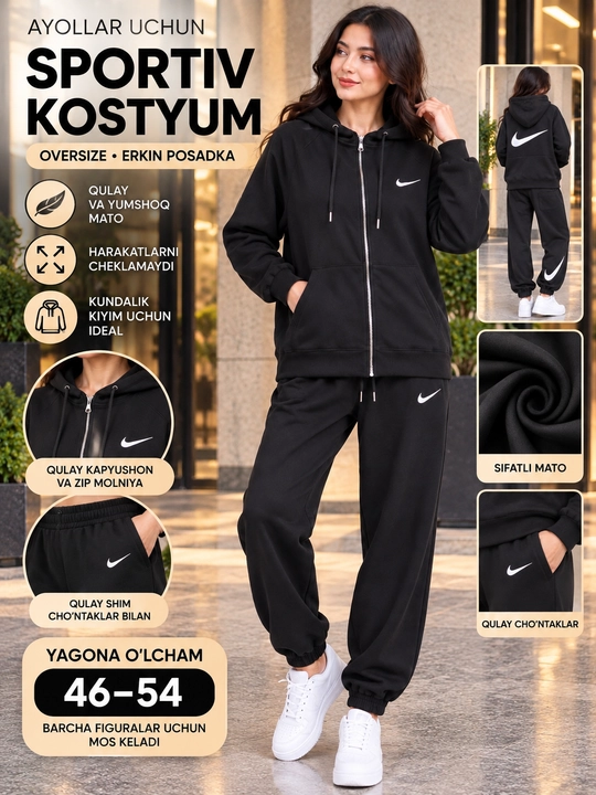 Erkaklar va ayollar uchun oversize sport kostyumi zamokli, zip-xudi va shim - 