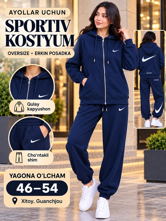 Erkaklar va ayollar uchun oversize sport kostyumi zamokli, zip-xudi va shim - 