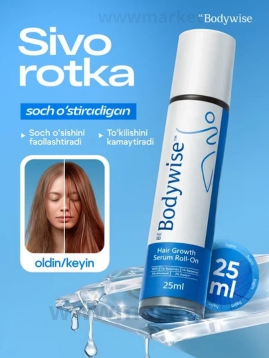 Soch o‘sishi uchun zardob Hair Growth Serum Rooll-on Bodywise, 25 ml, to‘kilishiga qarshi - 