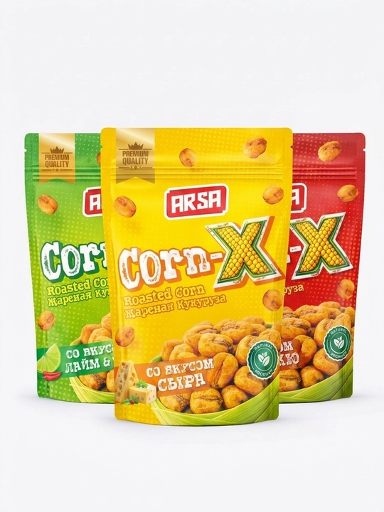 ARSA Corn-X assorti, Laym & Chili, BBQ va Pishloq ta’mlari, 50 g