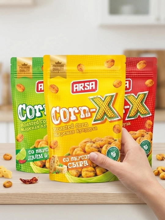 ARSA Corn-X assorti, Laym & Chili, BBQ va Pishloq ta’mlari, 50 g