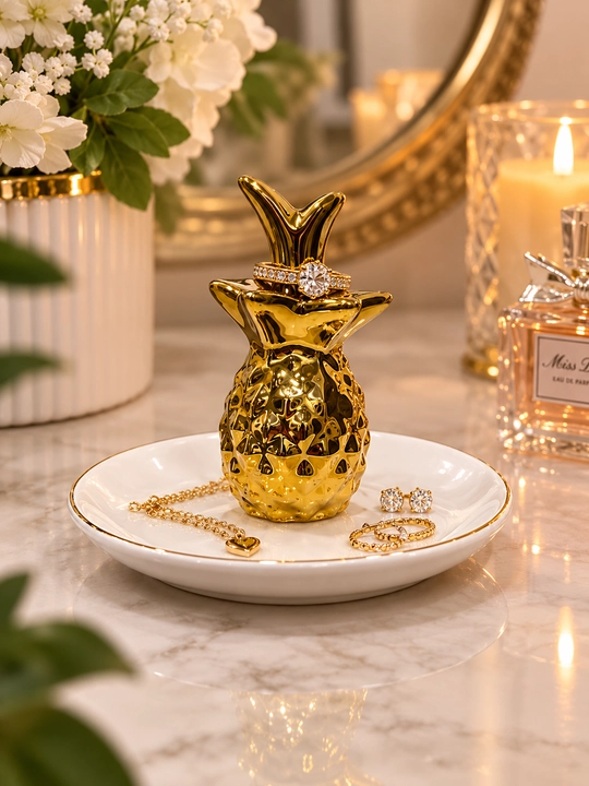 “Oltin ananas” uzuk va mayda taqinchoqlar uchun taglik, likopchasi bilan, 10×10 sm - 