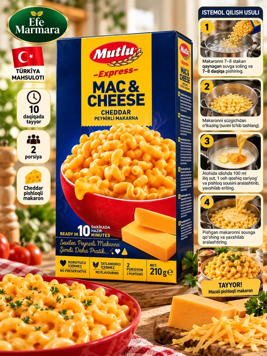 Макароны с сыром чеддер Mac & Cheese Mutlu, 210 г, Турция - 
