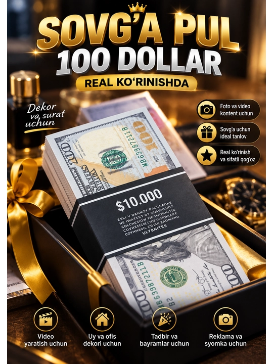 Suvenir 100 dollar pullar to‘plami, foto, video, dekor va sovg‘a uchun rekvizit