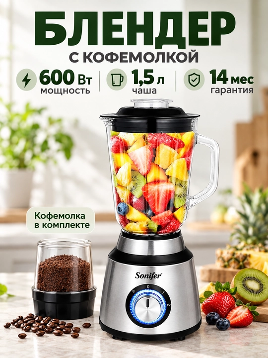 Блендер  600Вт 1.5Л  Стационарный блендер Sonifer,измельчитель,для смузи - 