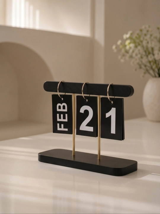 Stol kalendari abadiy, yog'och va metall, minimalist dekor, kalendar