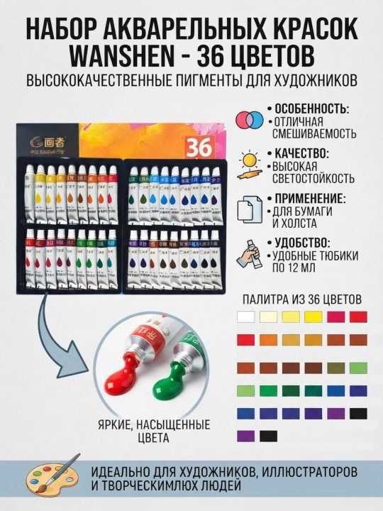 Краски акварельные в тюбиках, для рисования, яркие цвета