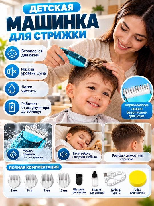Детская машинка для стрижки волос, аккумуляторный триммер с насадками 3–12 мм