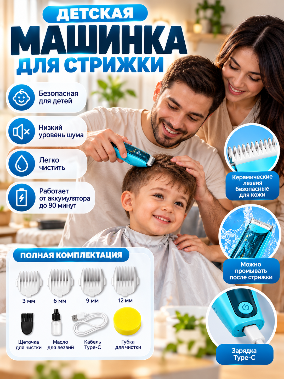 Детская машинка для стрижки волос, аккумуляторный триммер с насадками 3–12 мм - 