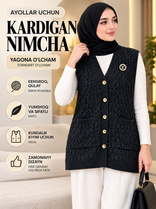 Ayollar to'qilgan uzun nimchasi tugmali va cho'ntakli / Katta o'lchamdagi kardigan-nimcha - 