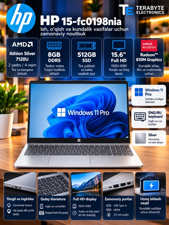 HP — AMD Athlon Silver 7120U, 8 GB DDR5, 512 GB SSD, 15.6″ FHD, Windows 11 Pro, Silver - 