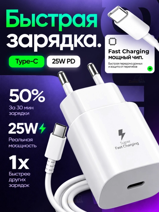 Сетевое зарядное устройство 25W PD USB-C с кабелем Type-C - Type-C - 