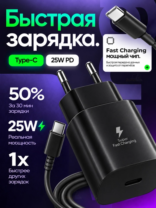 Сетевое зарядное устройство 25W PD USB-C с кабелем Type-C - Type-C - 