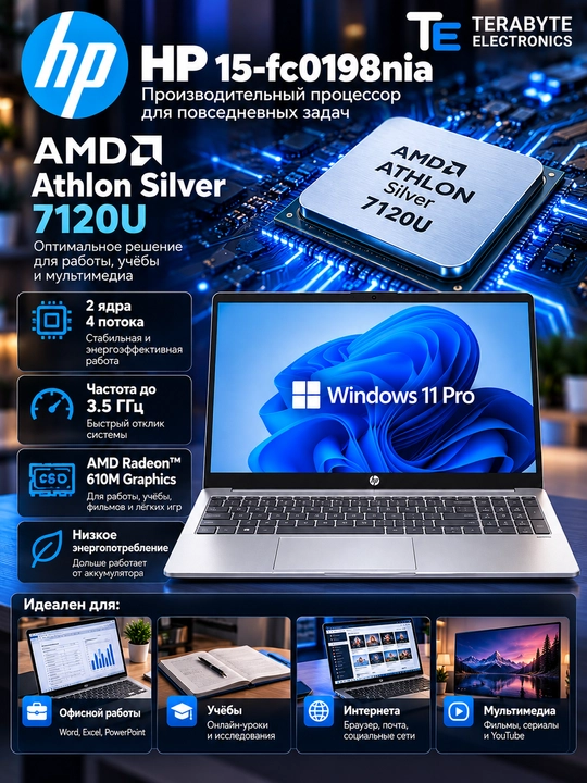 HP — AMD Athlon Silver 7120U, 8 GB DDR5, 512 GB SSD, 15.6″ FHD, Windows 11 Pro, Silver