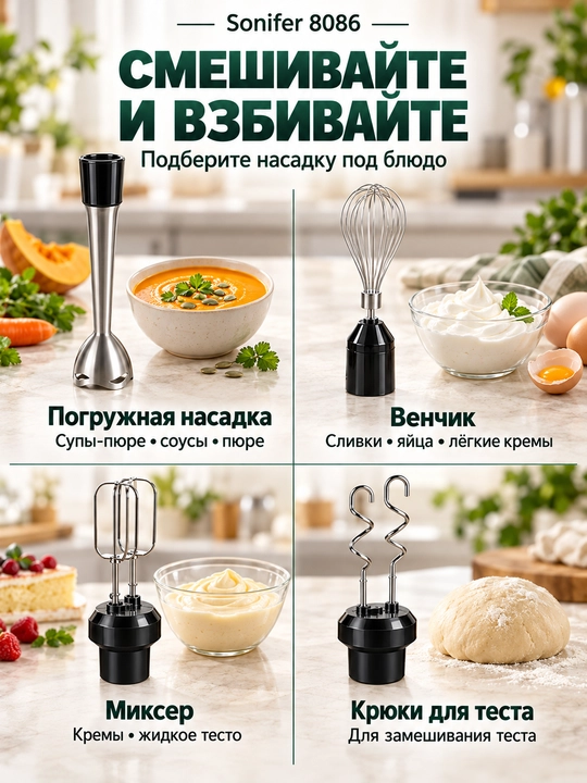 Ручной блендер Sonifer, 10 в 1, 1000Вт погружной, компактный и мощный, многофункциональный