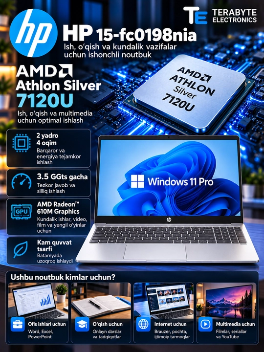 HP — AMD Athlon Silver 7120U, 8 GB DDR5, 512 GB SSD, 15.6″ FHD, Windows 11 Pro, Silver