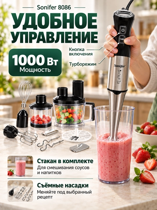 Ручной блендер Sonifer, 10 в 1, 1000Вт погружной, компактный и мощный, многофункциональный