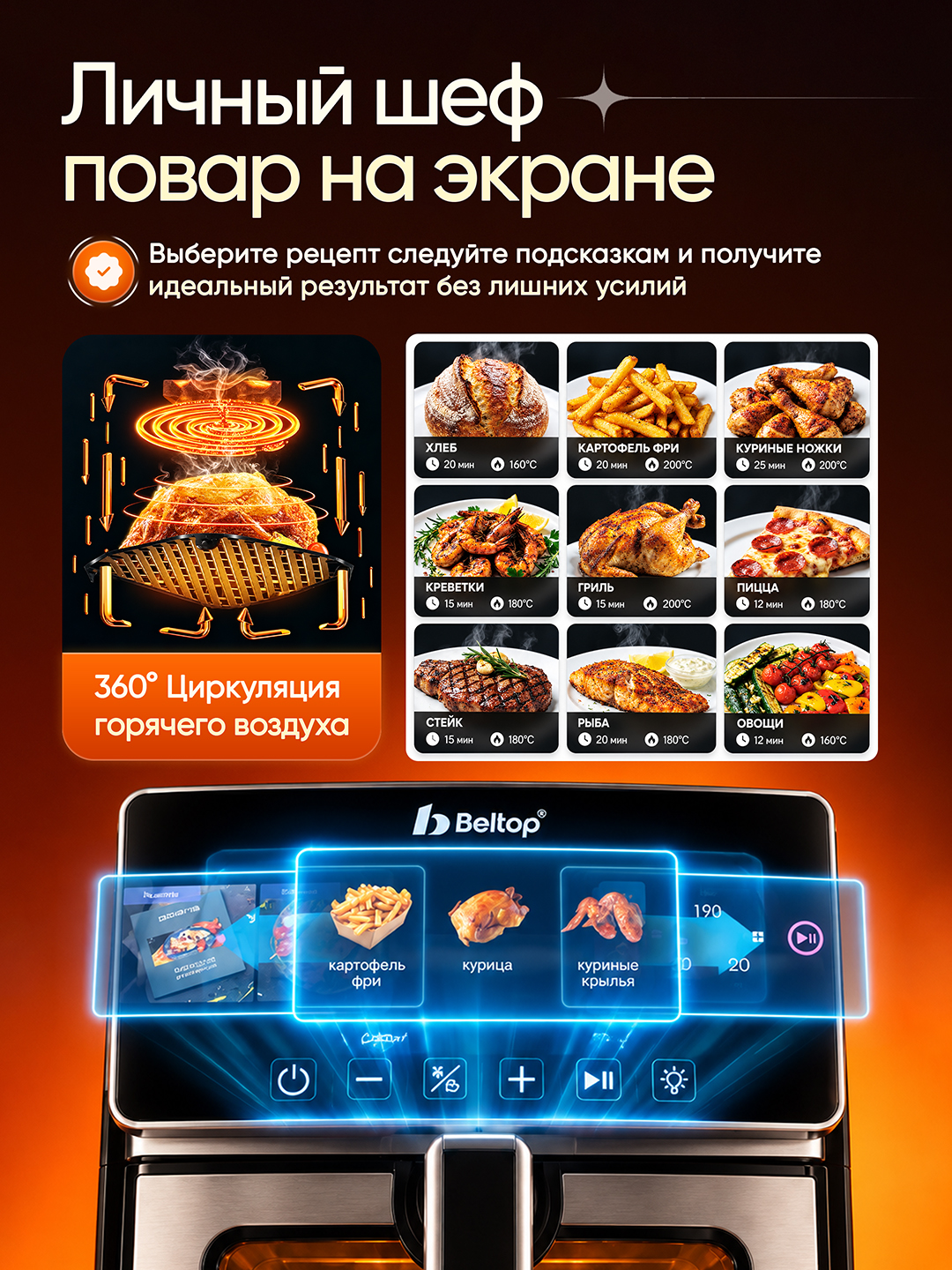 Аэрогриль с 1 и 2 ТЭНами "BELTOP" 5.8-8.2 л, сенсорный, аэрофритюрница смарт, без масла