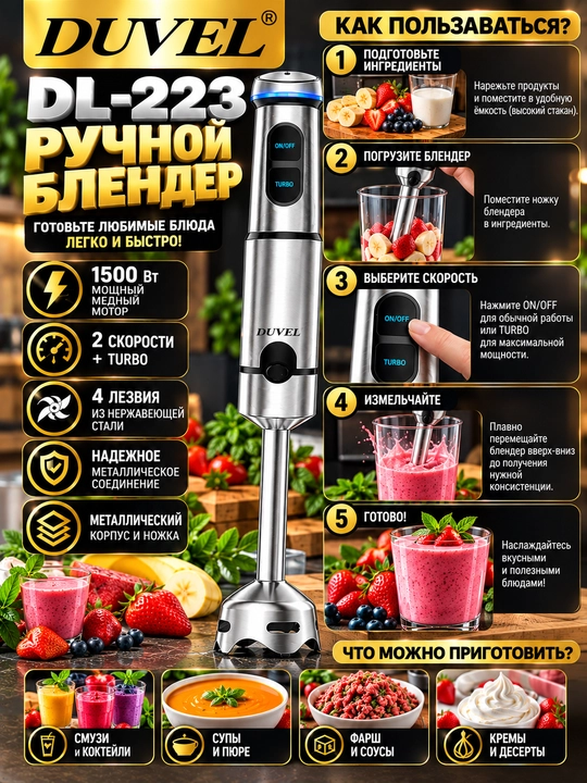 Погружной блендер DUVEL DL-223, ручной блендер 1500 Вт, металлическая насадка, турборежим