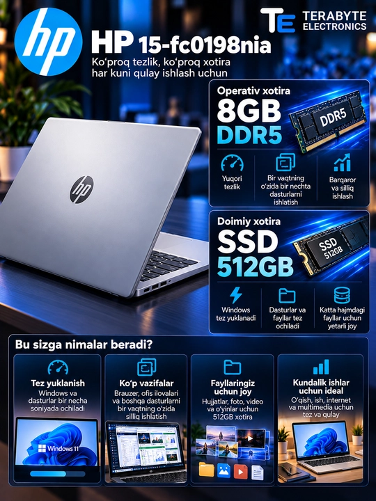 HP — AMD Athlon Silver 7120U, 8 GB DDR5, 512 GB SSD, 15.6″ FHD, Windows 11 Pro, Silver