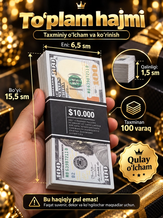 Suvenir 100 dollar pullar to‘plami, foto, video, dekor va sovg‘a uchun rekvizit