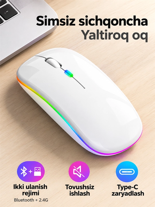 Беспроводная мышь Bluetooth+2.4G, бесшумная, RGB, зарядка Type-C для компьютера и ноутбука - 