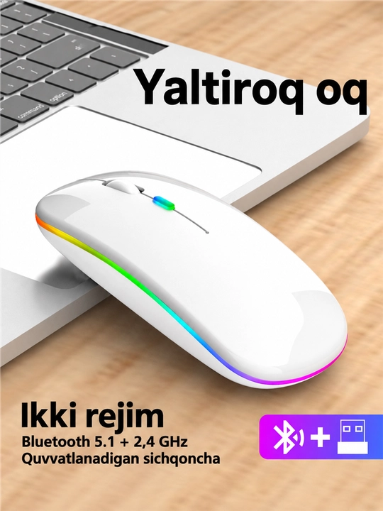 Simsiz sichqoncha Bluetooth+2.4G, tovushsiz, RGB Type-C zaryadli, kompyuter, noutbuk uchun