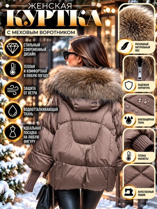 Куртка женская зимняя, с меховым воротником и капюшоном, утеплённая