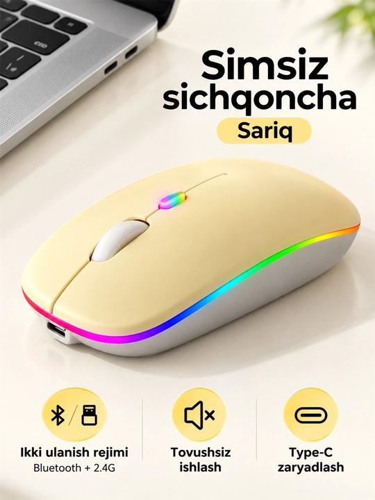 Simsiz sichqoncha Bluetooth+2.4G, tovushsiz, RGB Type-C zaryadli, kompyuter, noutbuk uchun