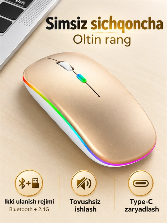 Simsiz sichqoncha Bluetooth+2.4G, tovushsiz, RGB Type-C zaryadli, kompyuter, noutbuk uchun