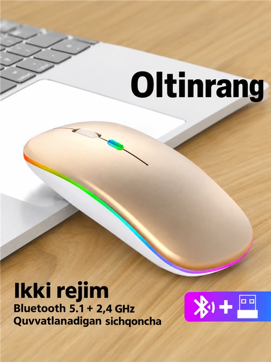 Simsiz sichqoncha Bluetooth+2.4G, tovushsiz, RGB Type-C zaryadli, kompyuter, noutbuk uchun