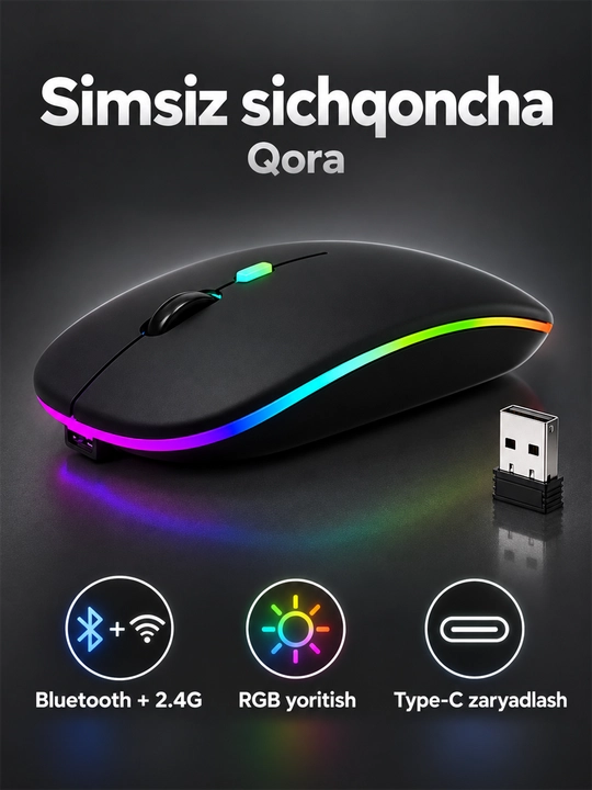 Беспроводная мышь Bluetooth+2.4G, бесшумная, RGB, зарядка Type-C для компьютера и ноутбука - 