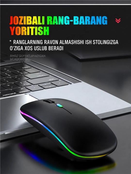 Simsiz sichqoncha Bluetooth+2.4G, tovushsiz, RGB Type-C zaryadli, kompyuter, noutbuk uchun