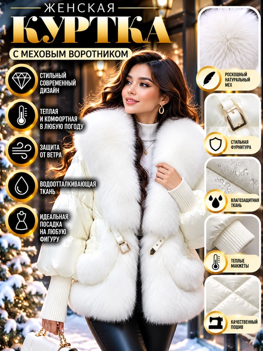 Ayollar qishki kurtkasi, kapyushonsiz, katta mo‘ynali yoqali, polyester