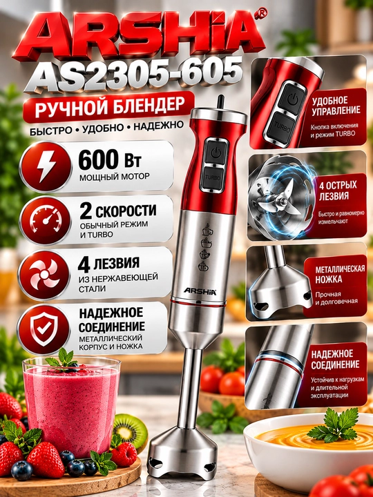 Погружной блендер ARSHIA AS2305-605, ручной блендер 600 Вт, 4 лезвия, для смузи и пюре