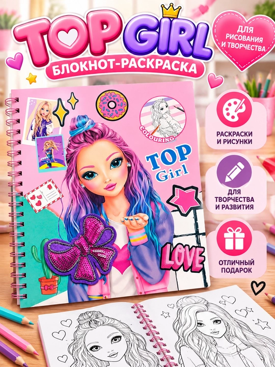 Детский блокнот-раскраска Top Girl на спирали, для рисования, розовый - 