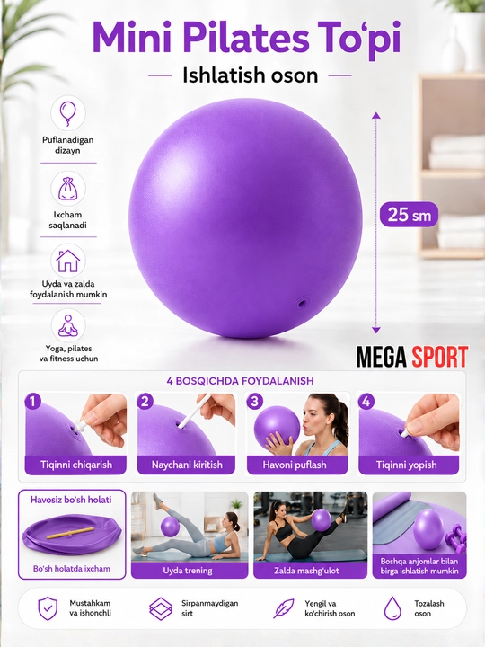 Mini Pilates to‘pi 25 sm, puflanadigan yoga va fitness to‘pi