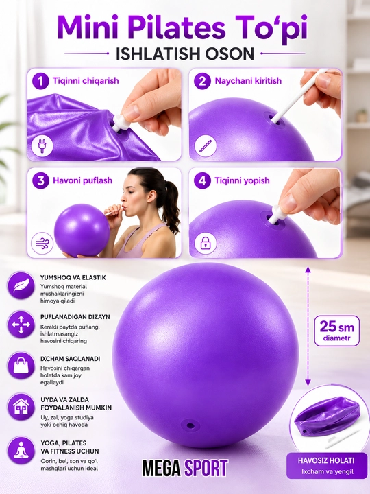 Mini Pilates to‘pi 25 sm, puflanadigan yoga va fitness to‘pi - 
