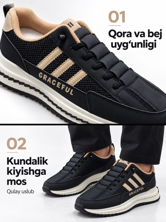 To‘rli va qalin taglikli kundalik krossovka, kulrang–qora, qora–bej, bej–qora