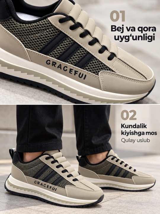 To‘rli va qalin taglikli kundalik krossovka, kulrang–qora, qora–bej, bej–qora