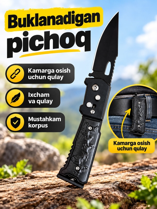 Buklanadigan universal pichoq, zanglamaydigan po'lat, ixcham, pichoq-spinner sayyohlik