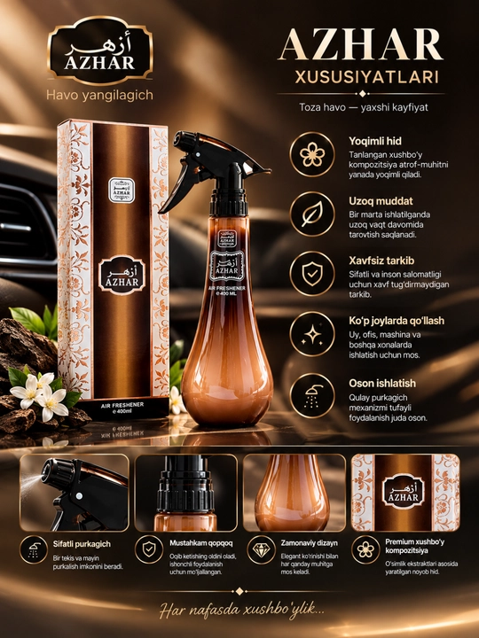 Avtomobil uchun hushboy hidli aromatizator Azhar 400 ml