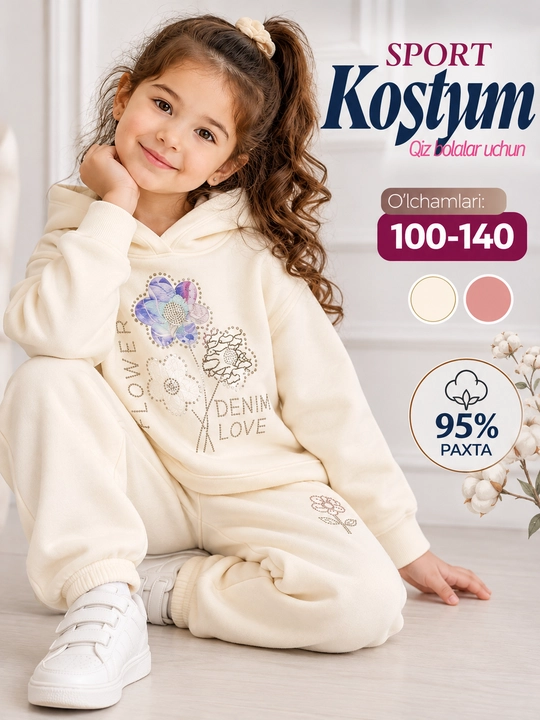 Спортивный комплект для девочек, костюм двойка, худи + штаны - 