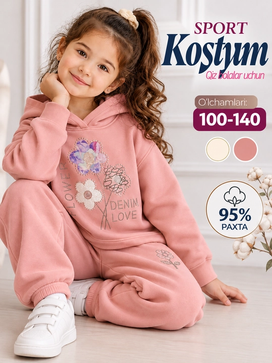 Спортивный комплект для девочек, костюм двойка, худи + штаны - 