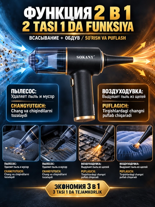 Simsiz avtomobil changyutgichi SK-13094 2-in-1, assimilyatsiya quvvati 4600-5000Pa
