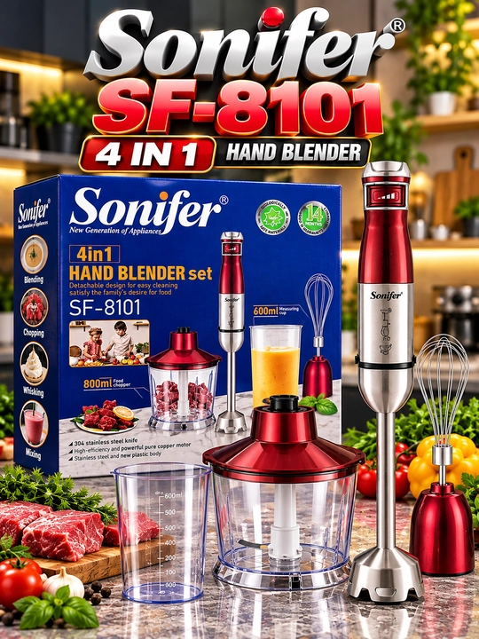 Блендер погружной SONIFER SF-8101, 4 в 1, с измельчителем и венчиком, 1200 Вт - 