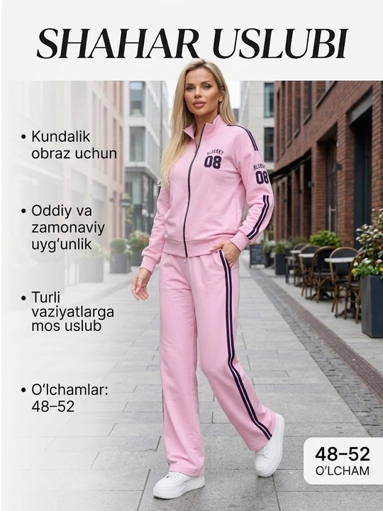 Ayollar uchun sport kostyumi, qulay bichim, zamonaviy dizayn, yon chiziqli shim