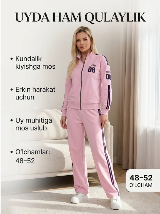 Ayollar uchun sport kostyumi, qulay bichim, zamonaviy dizayn, yon chiziqli shim
