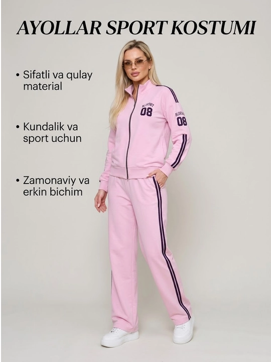 Ayollar uchun sport kostyumi, qulay bichim, zamonaviy dizayn, yon chiziqli shim